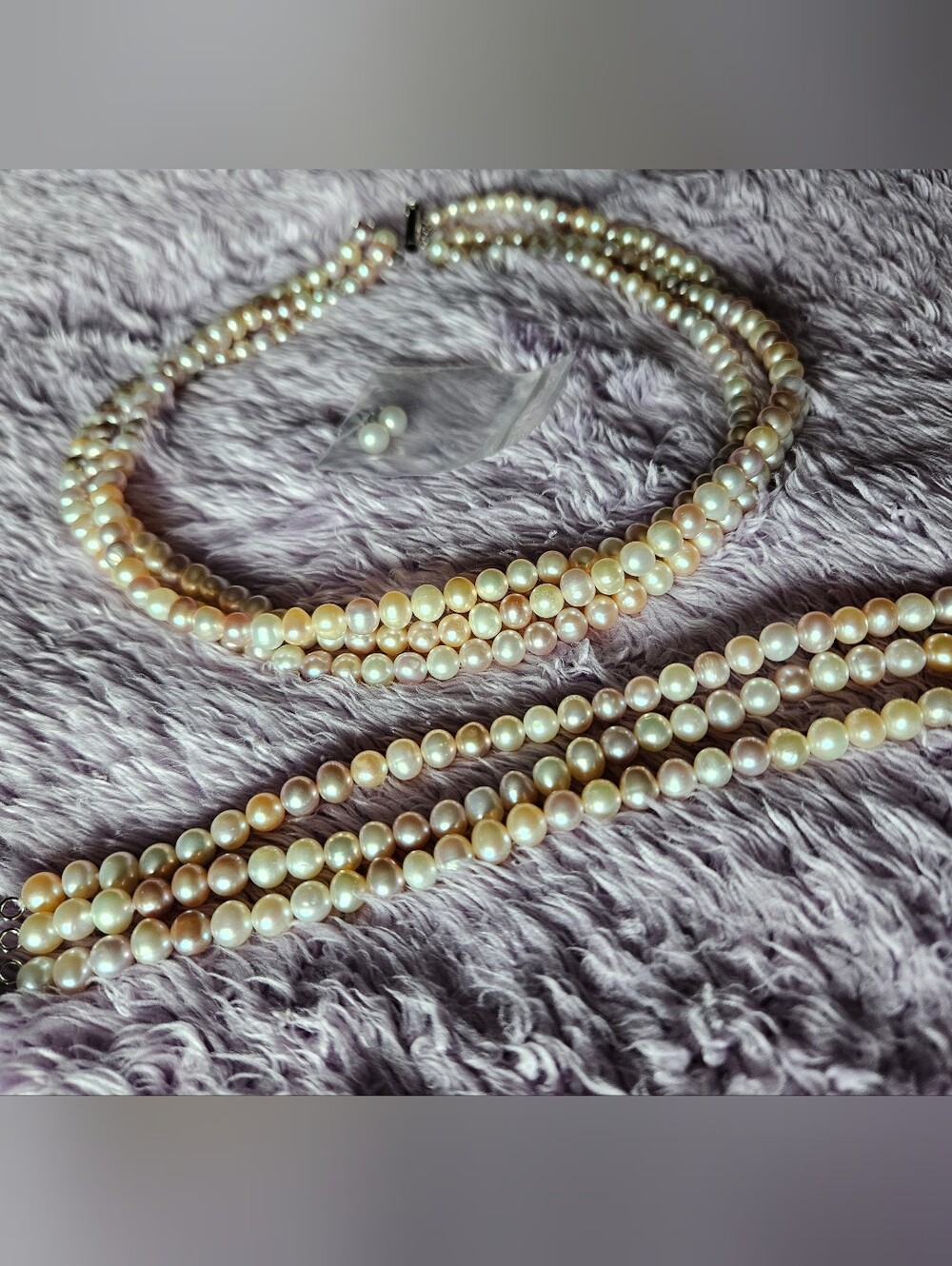 Classic Pearl Multi Strand Necklace, Bracelet, Earrings - Pink And Cream Pearls